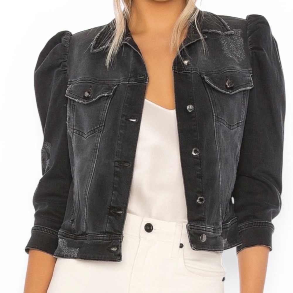 Retrofete denim cropped jacket with puff sleeves size small charcoal gray